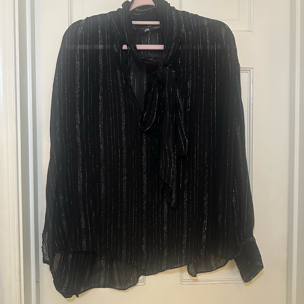 Zara Black Blouse with Sheer Fabric and Tie-Neck Design